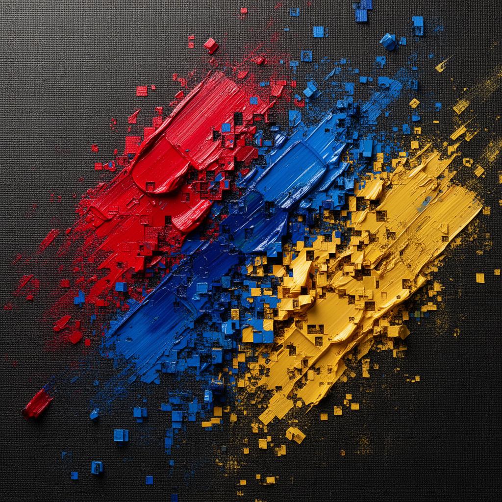 Brushstrokes of red, blue and ochre paint disintegrating into pixel fragments